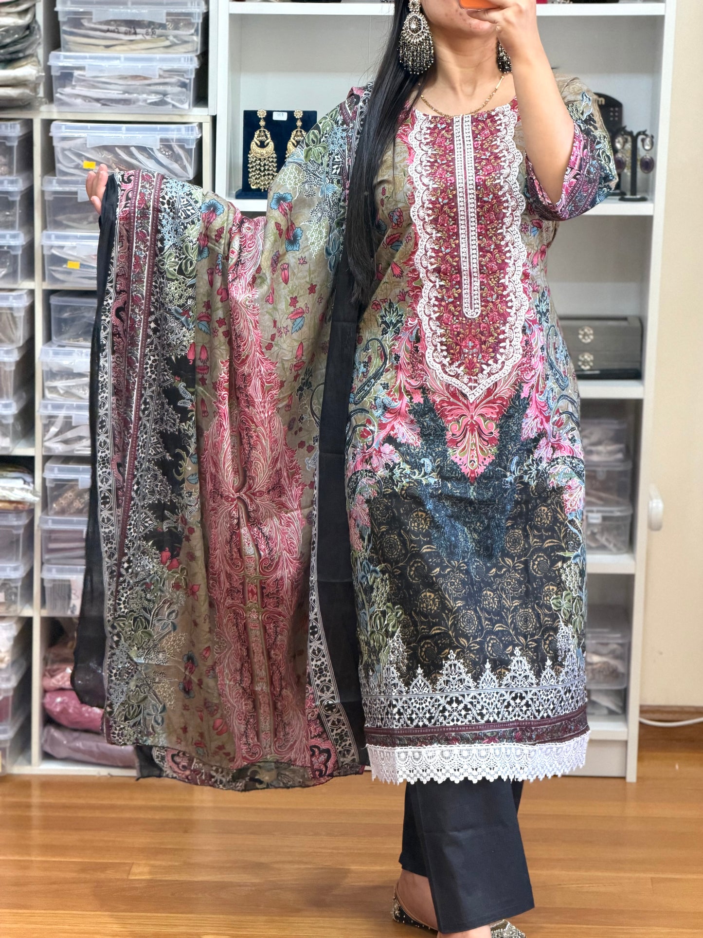 Elegant Cotton Pakistani Suit with Neck Patch & Digital Print