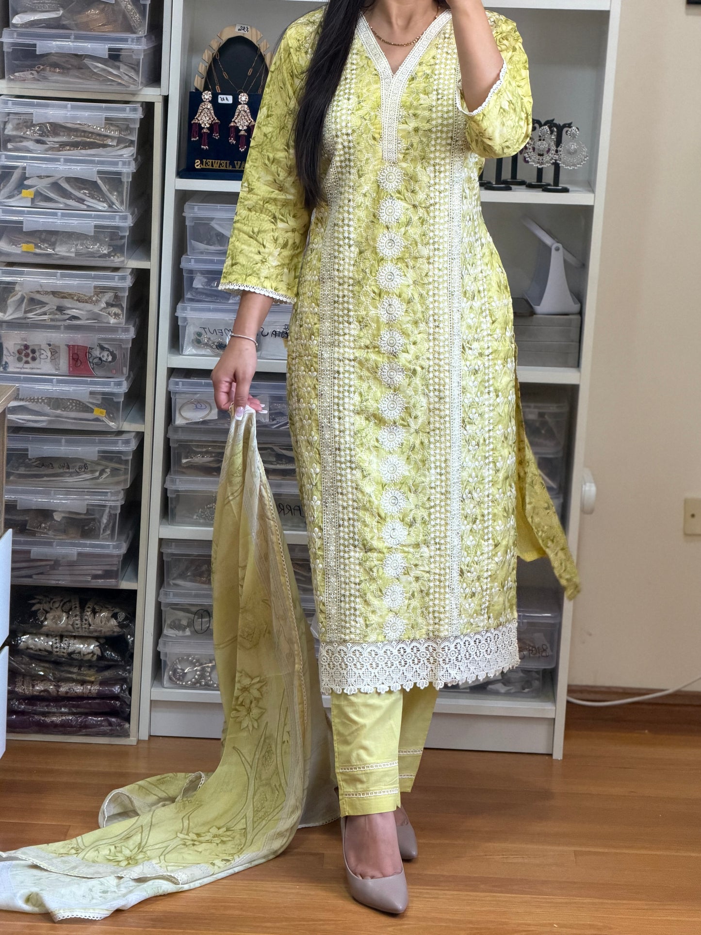 Lemon Yellow Fully Embroidered Cotton Suit Set