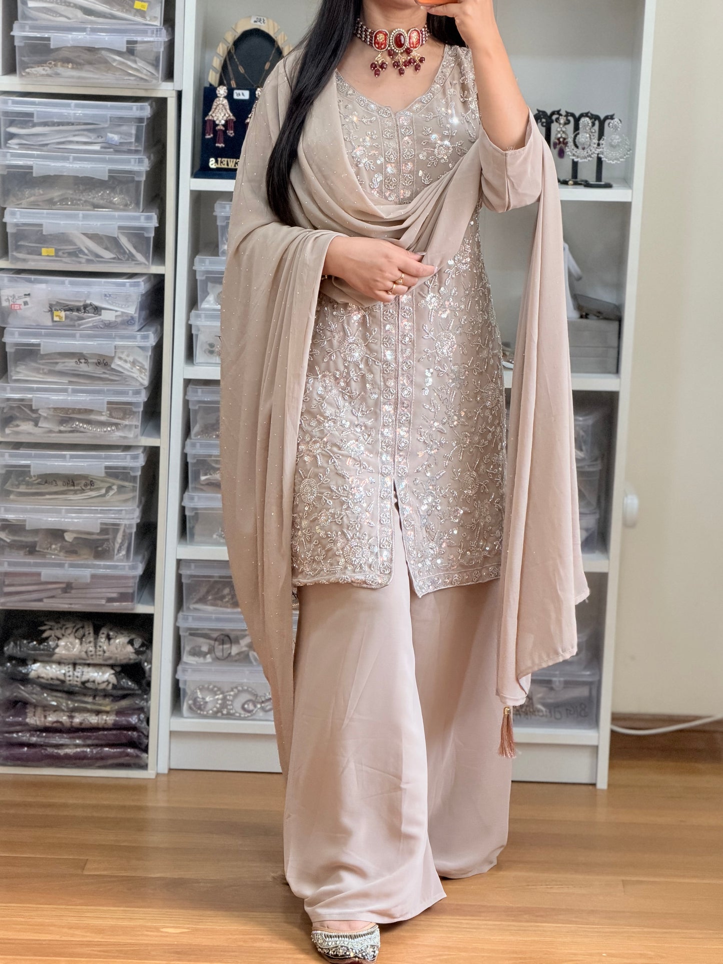 Georgette Heavy Embroidery Sharara Suit(Soft Champagne Beige)