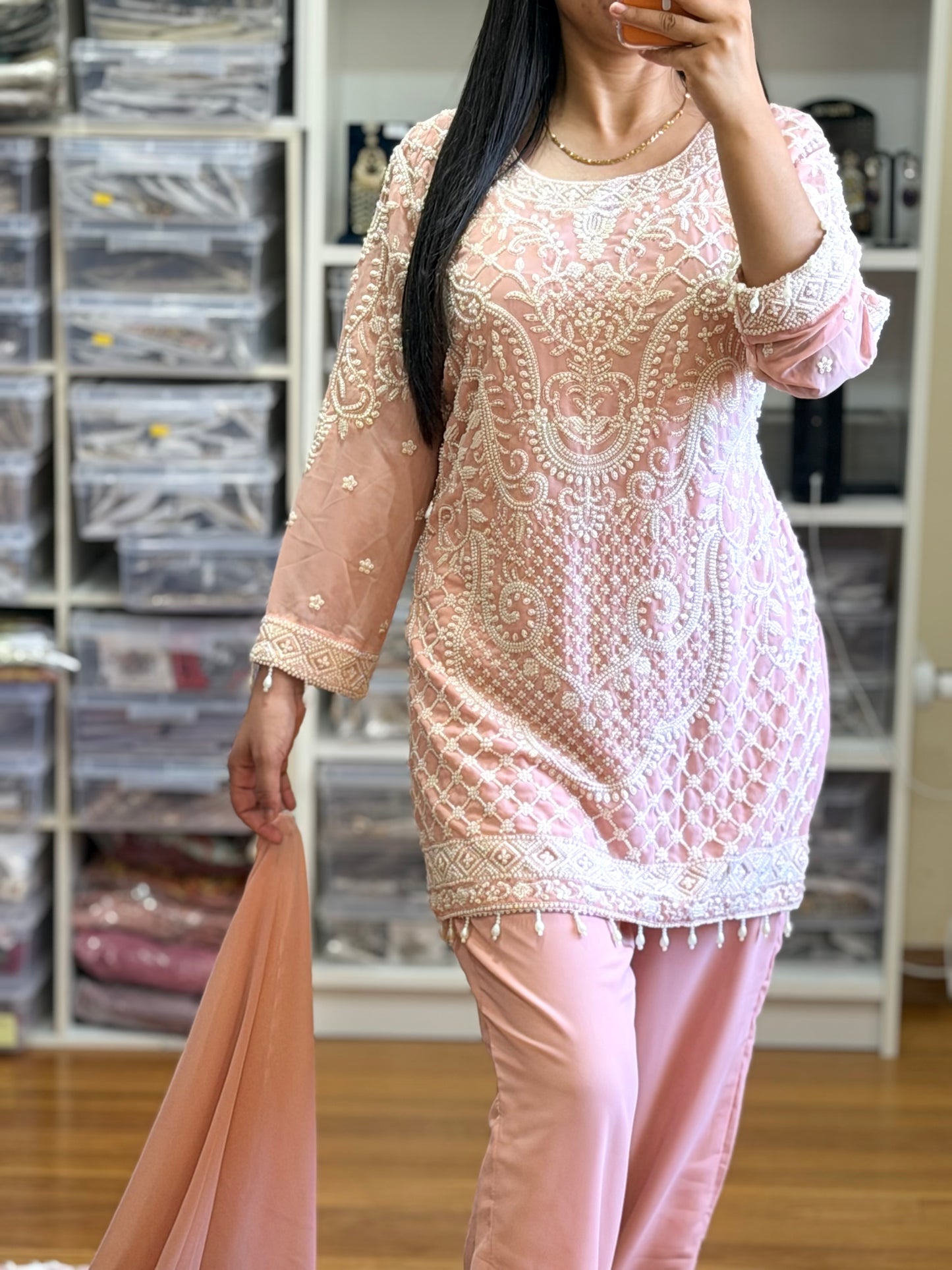 Premium Pearl Embellished Suit for Special Occasions(Ready size 43 with margin up to 46)