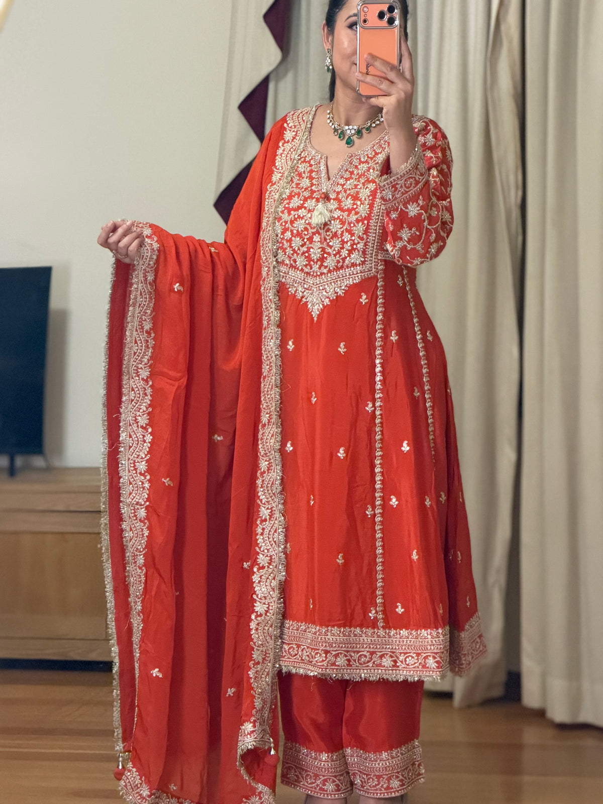Pure Tissue Heavy Handwork Frock Style Suit ✨(Orange colour)