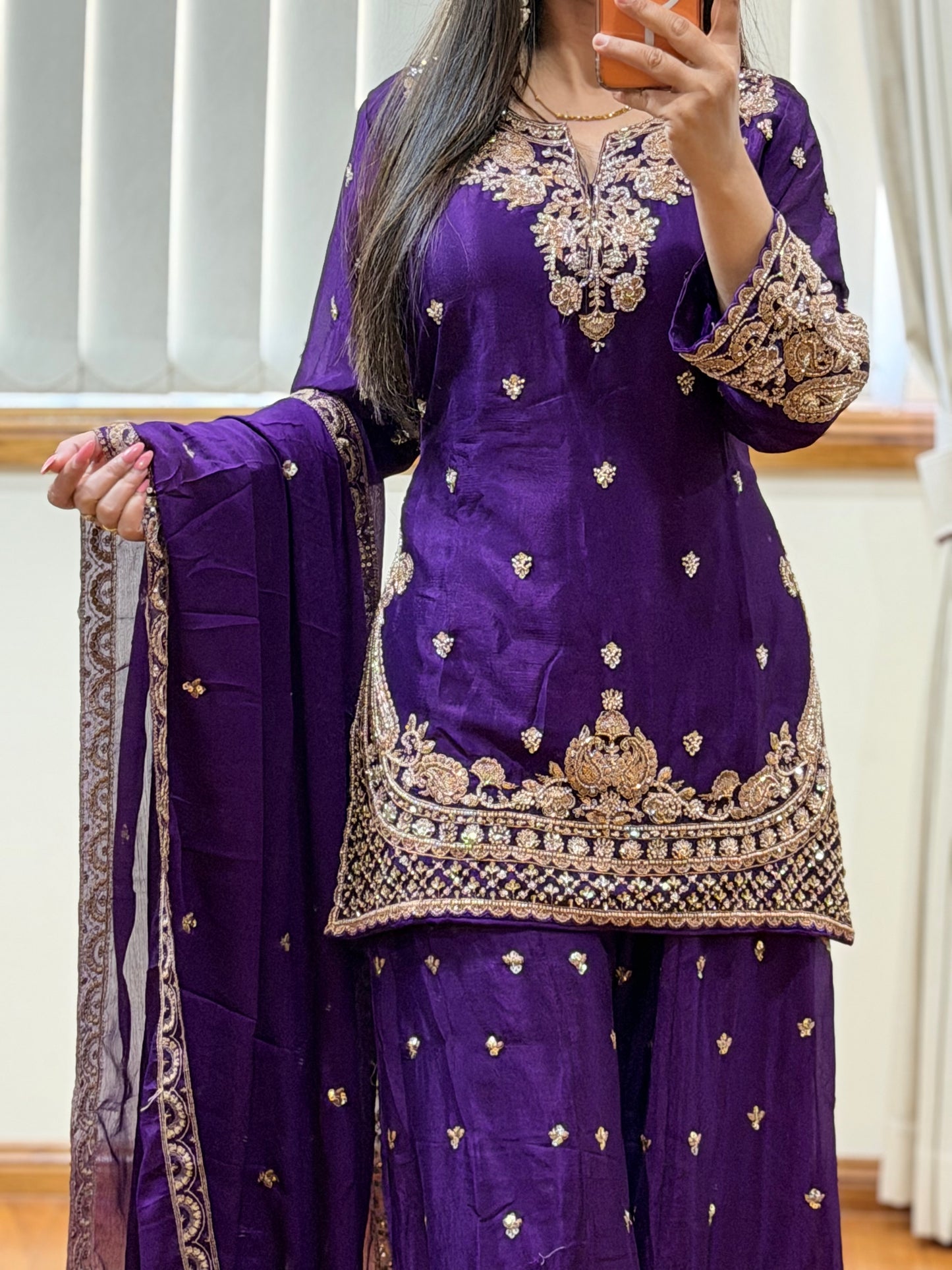 Premium Chinon Silk Sharara Set (Ready size 42 with margin upto 46)