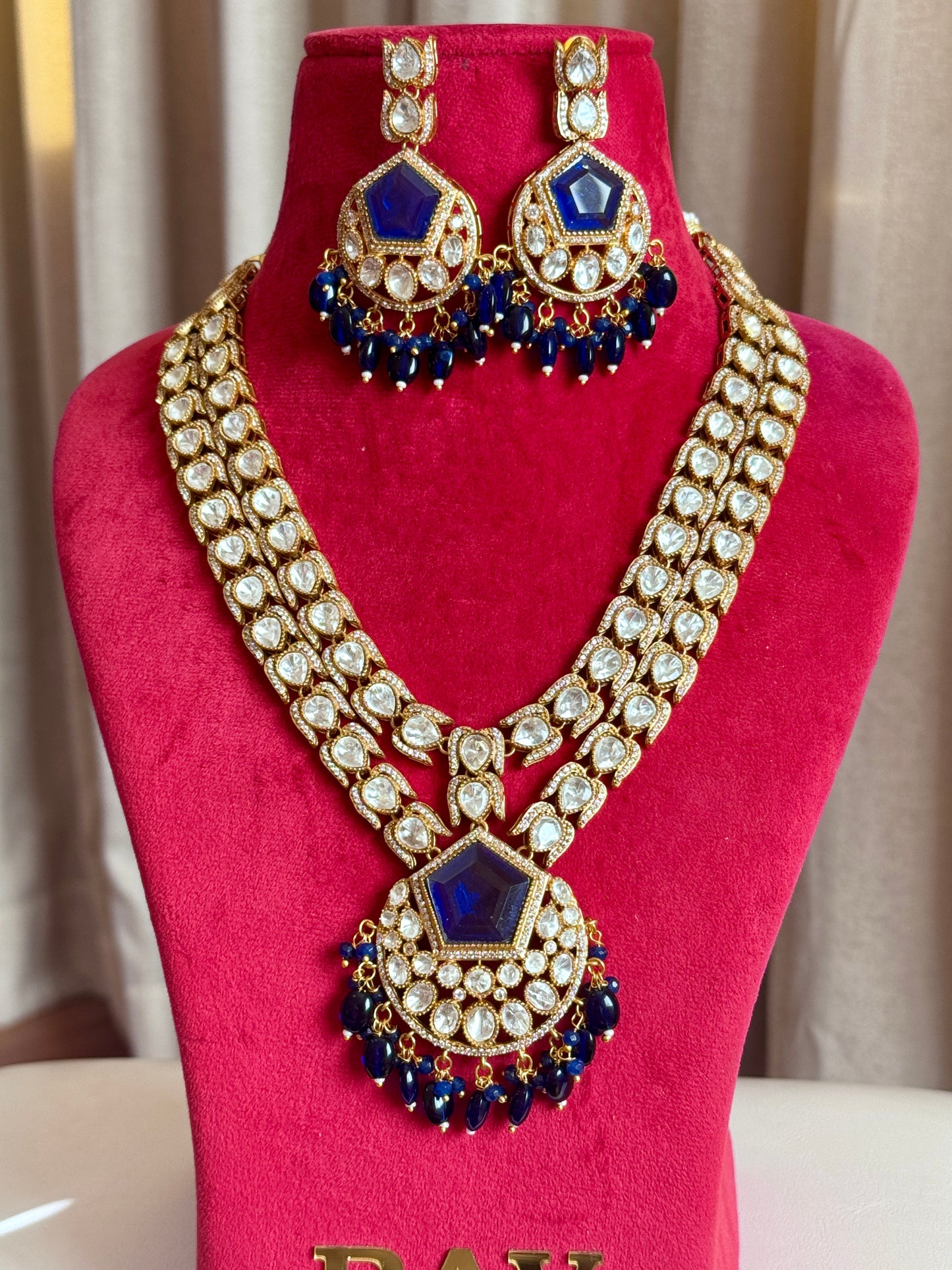 Premium moissanite Tyani inspired medium long necklace set( Blue)