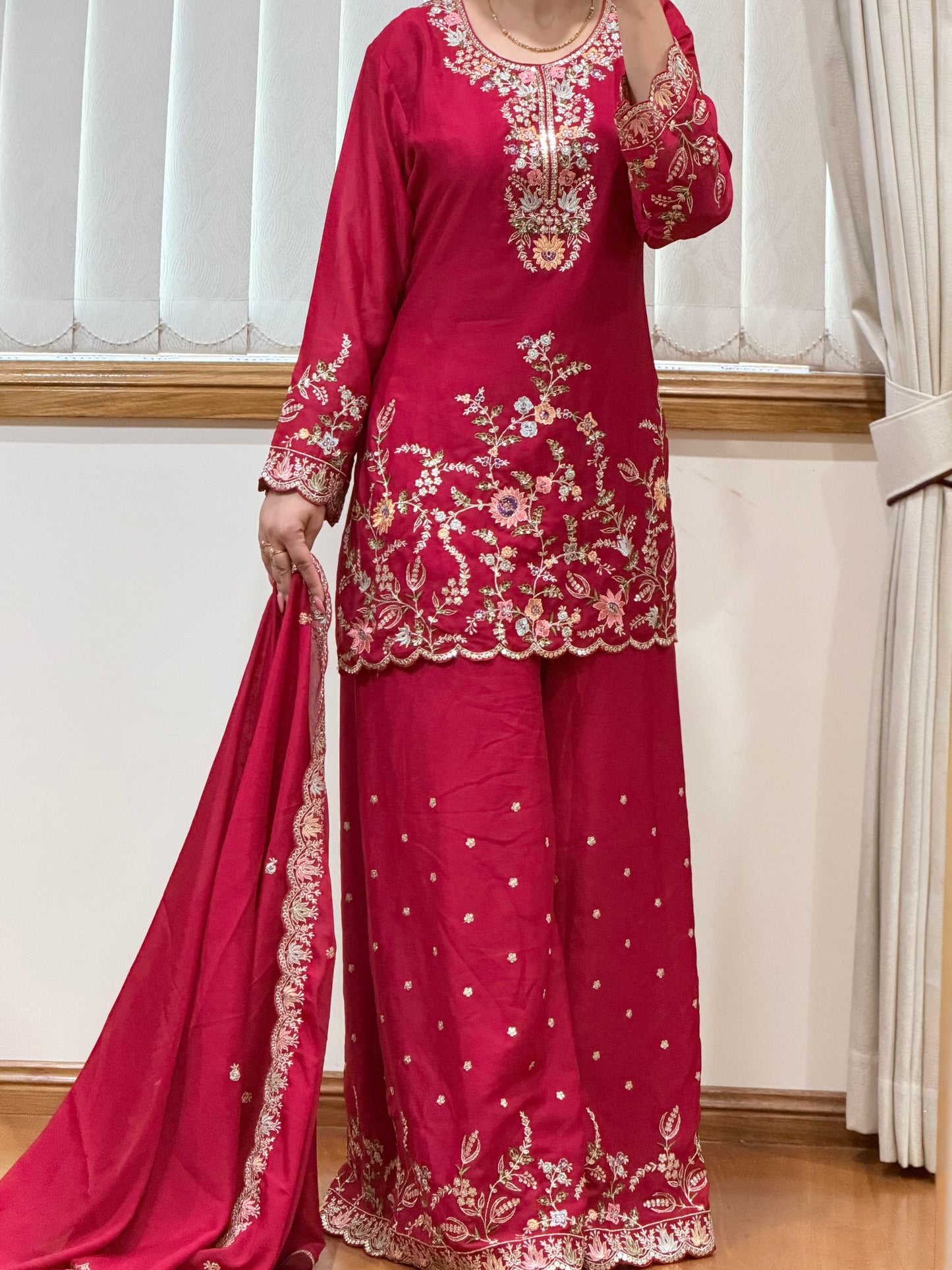 Premium Blooming Chinon Embroidered Plazo Suit Set