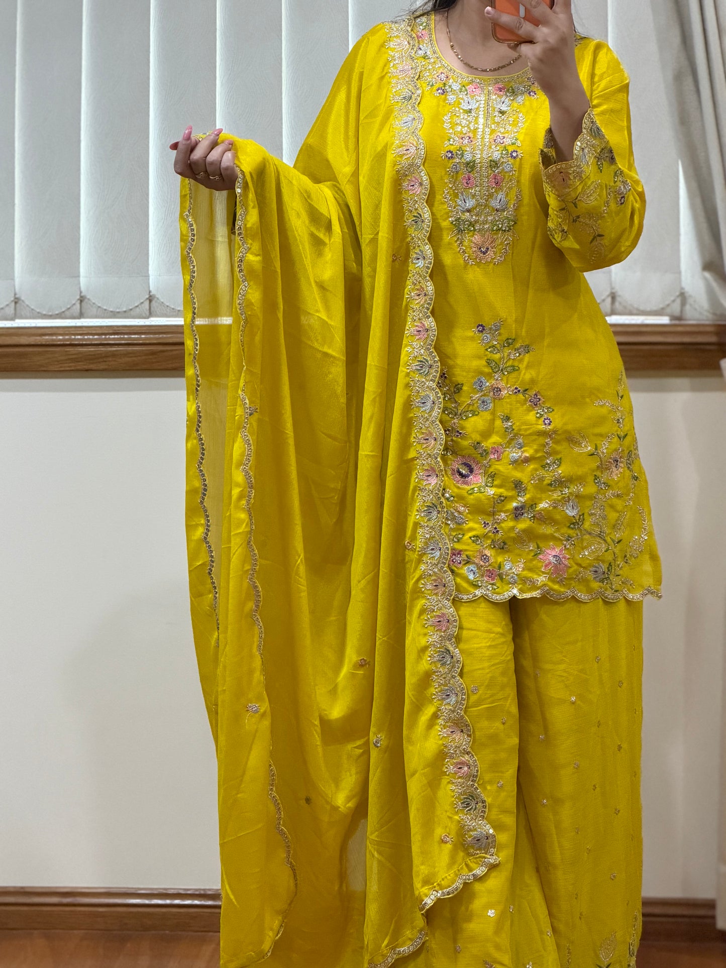 Premium Blooming Chinon Embroidered Plazo Suit Set