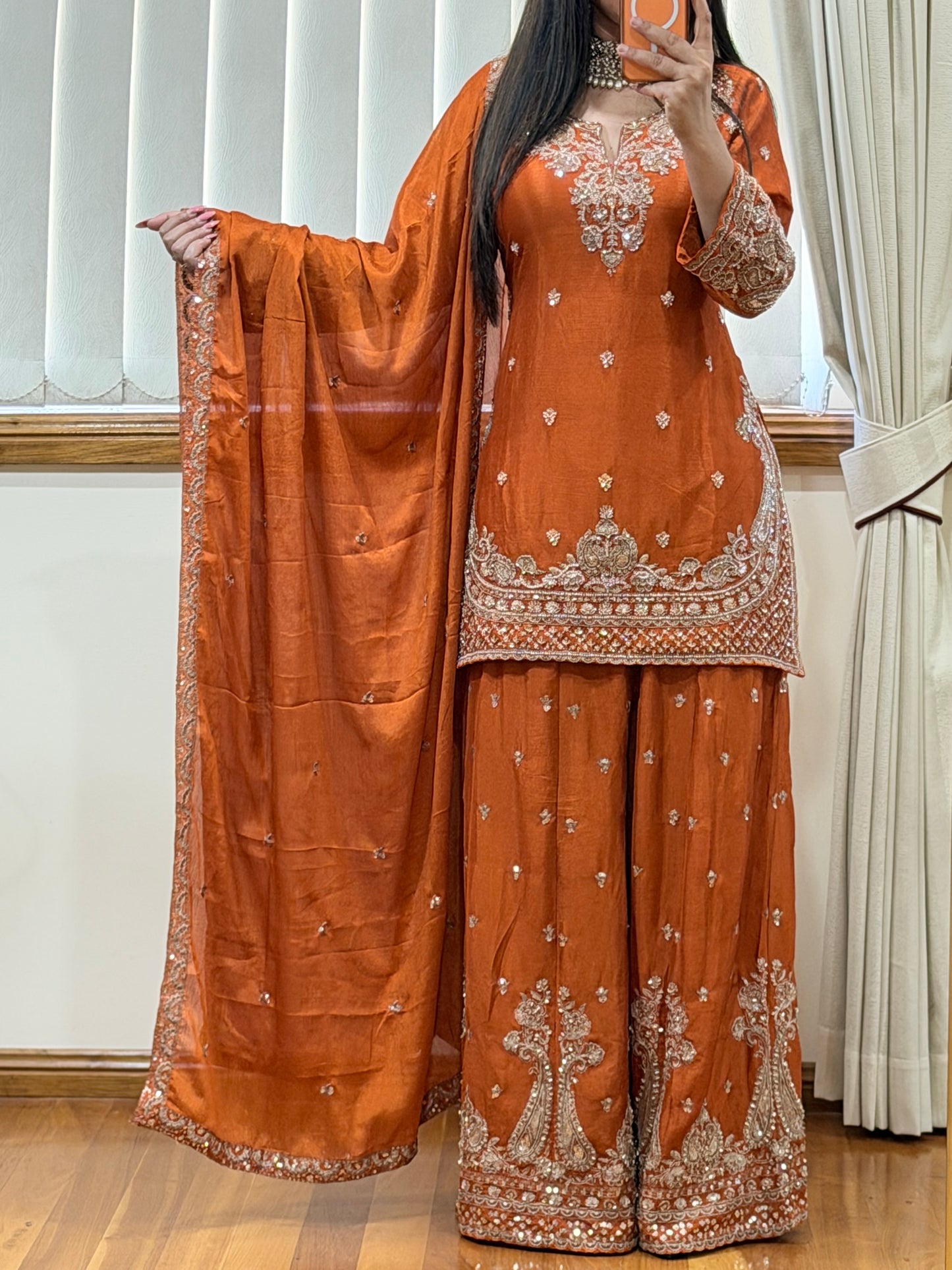 Premium Chinon Silk Sharara Set (Ready size 42 with margin upto 46)