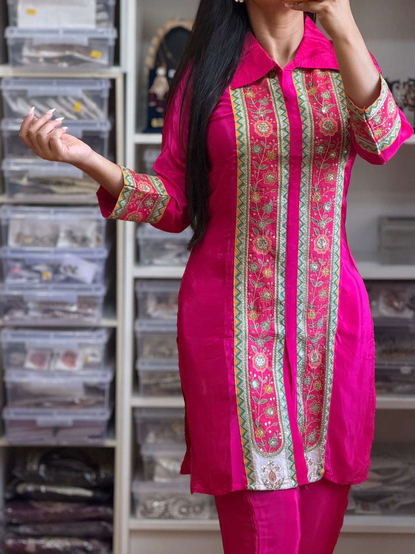 💖 Hot Pink Designer Co-ord Set – Statement Collar Neck Style 💖