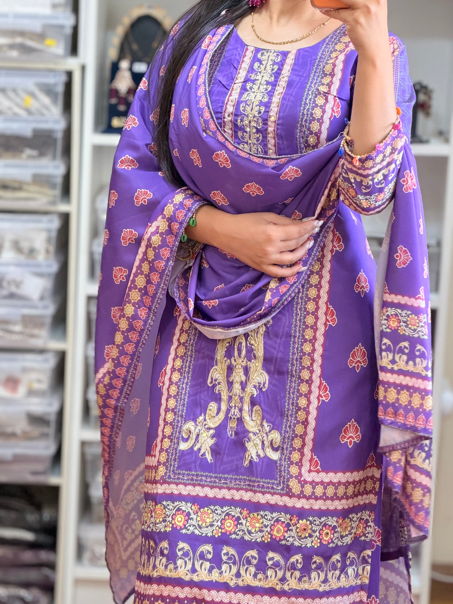 Lavender Digital Printed Crepe Silk Suit with Mirror & Tilla Work