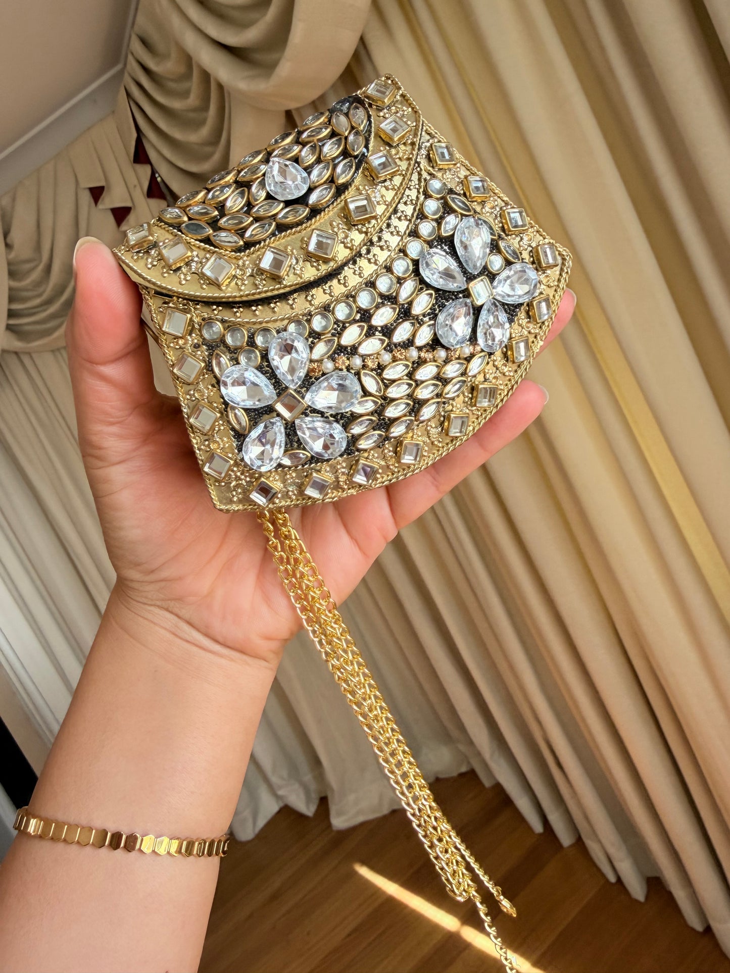 Mini kundan brass clutch with sling