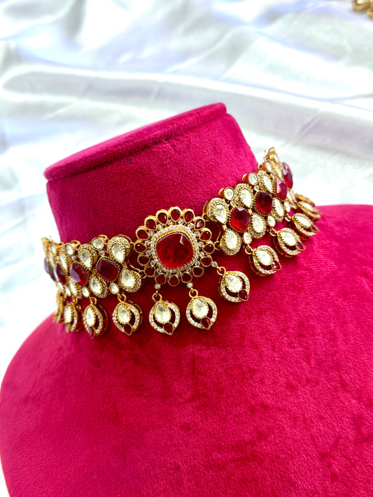 Premium moissanite chokar set (Red)