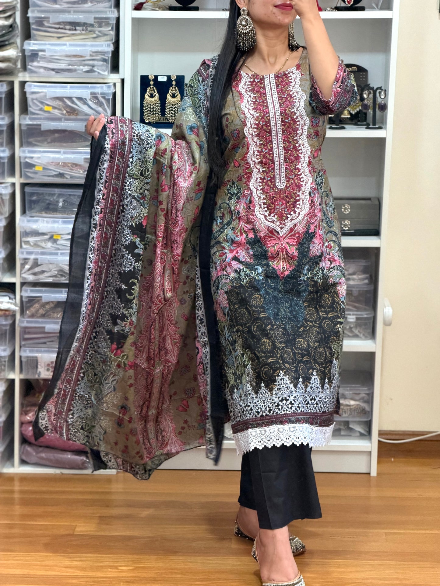 Elegant Cotton Pakistani Suit with Neck Patch & Digital Print