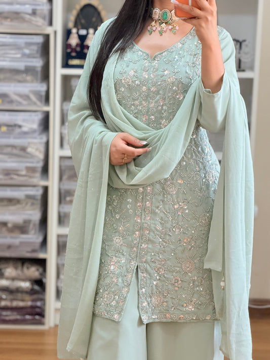 Georgette Heavy Embroidery Sharara Suit(Sage green)