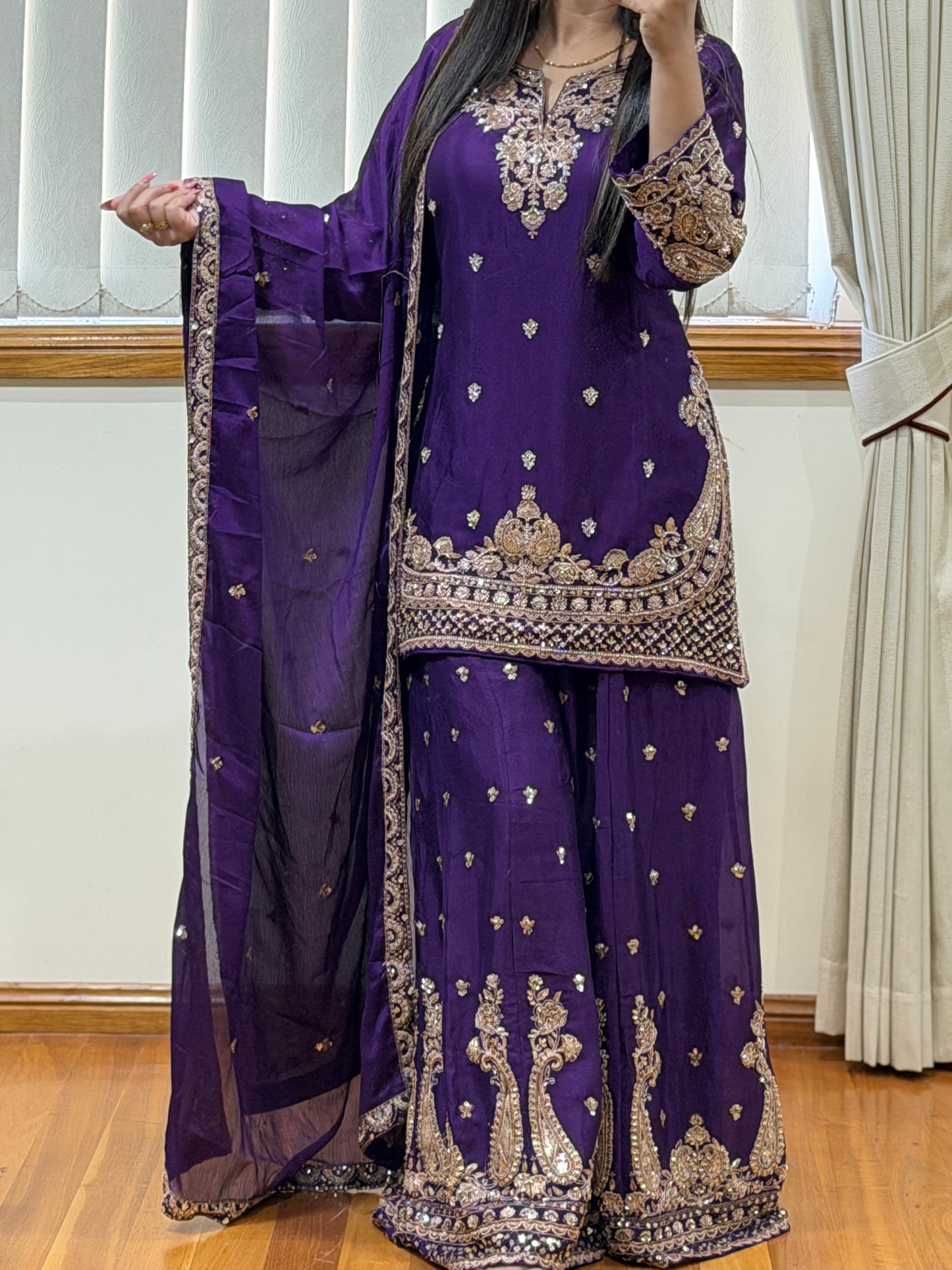 Premium Chinon Silk Sharara Set (Ready size 42 with margin upto 46)