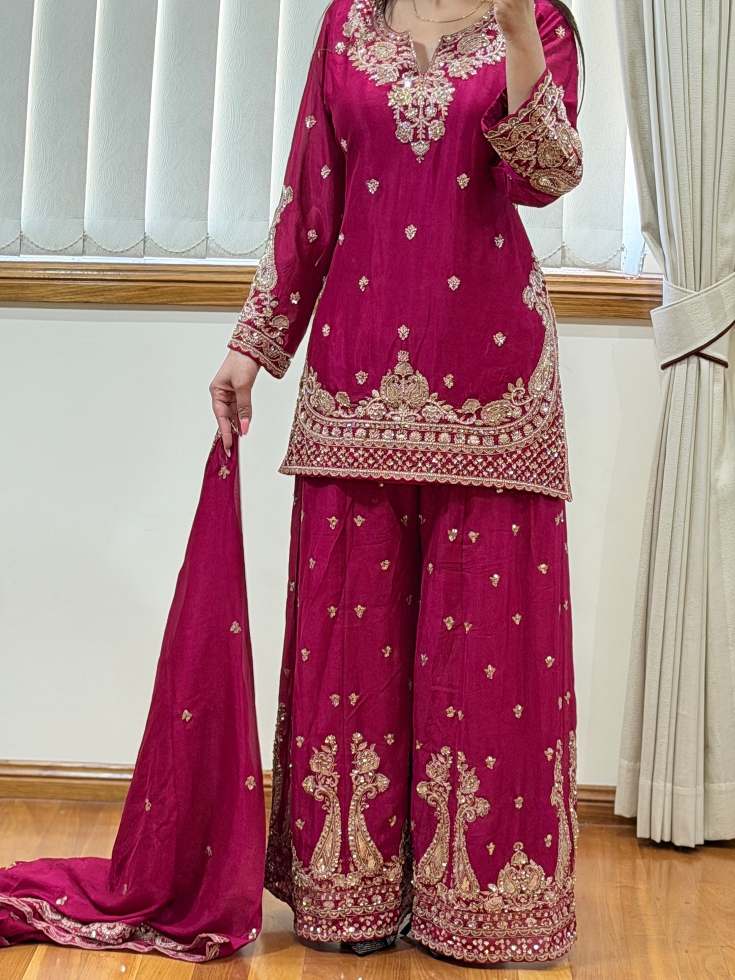 Premium Chinon Silk Sharara Set (Ready size 42 with margin upto 46)
