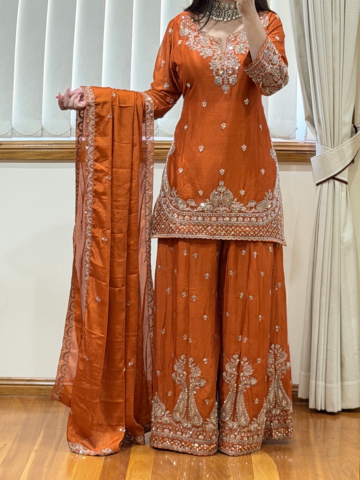Premium Chinon Silk Sharara Set (Ready size 42 with margin upto 46)