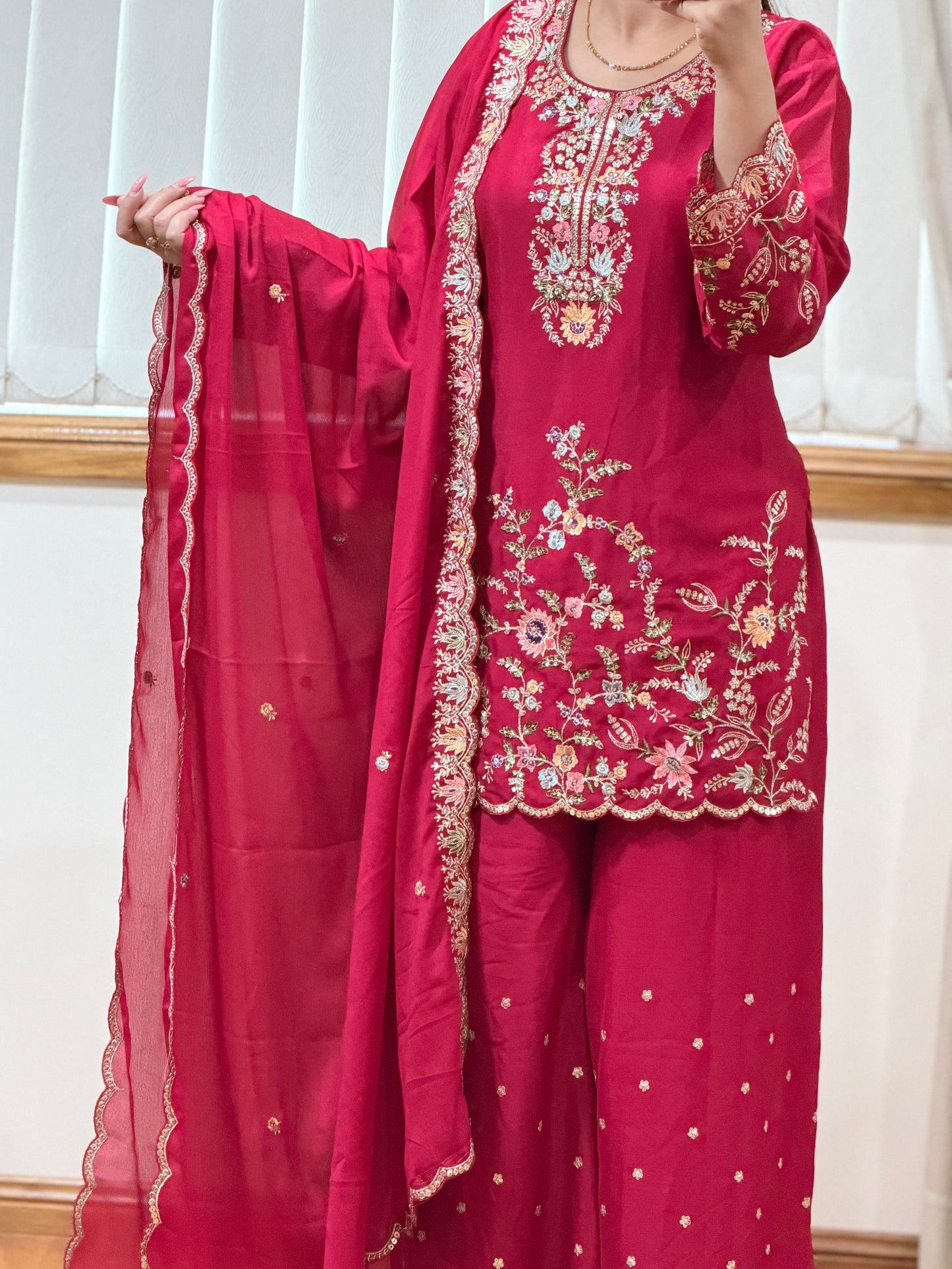 Premium Blooming Chinon Embroidered Plazo Suit Set