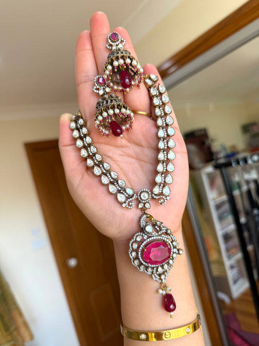 Premium moissanite necklace set(Hot pink)