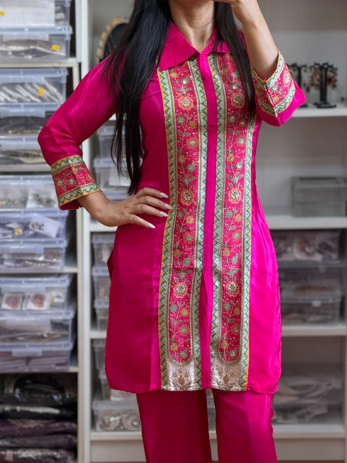 💖 Hot Pink Designer Co-ord Set – Statement Collar Neck Style 💖