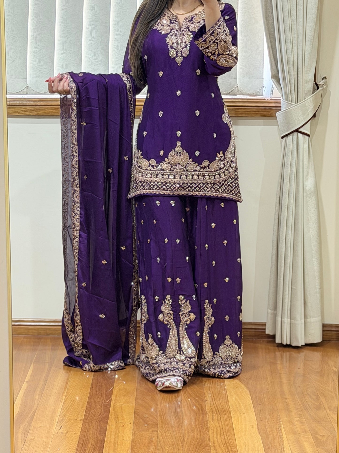 Premium Chinon Silk Sharara Set (Ready size 42 with margin upto 46)