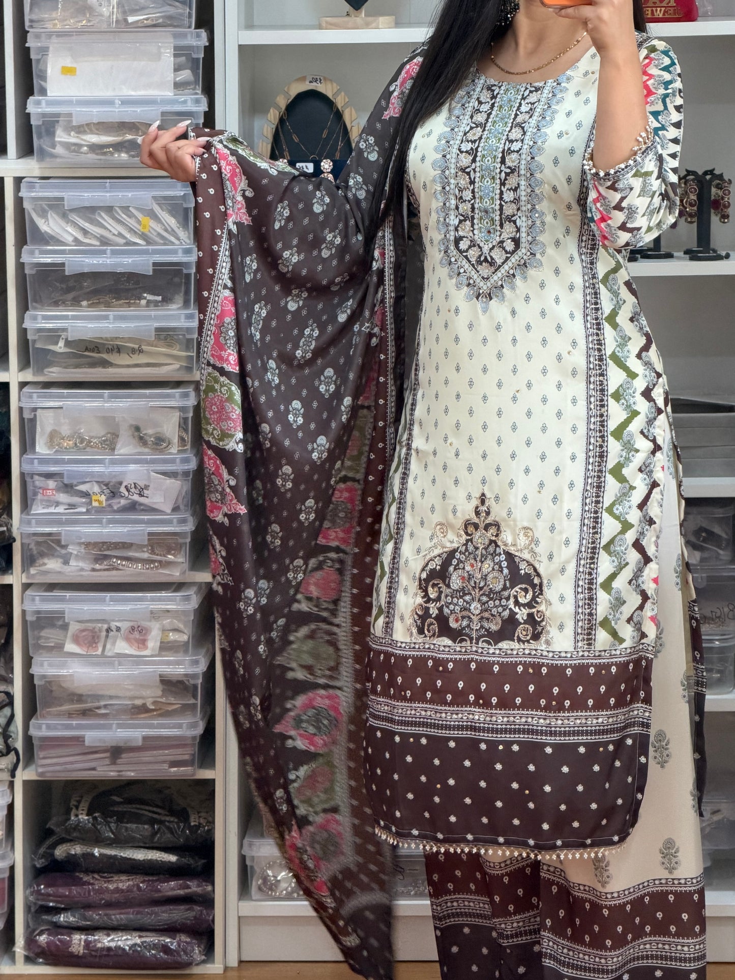 Cream / Off-White  Printed Crepe Silk Suit with Mirror & Tilla