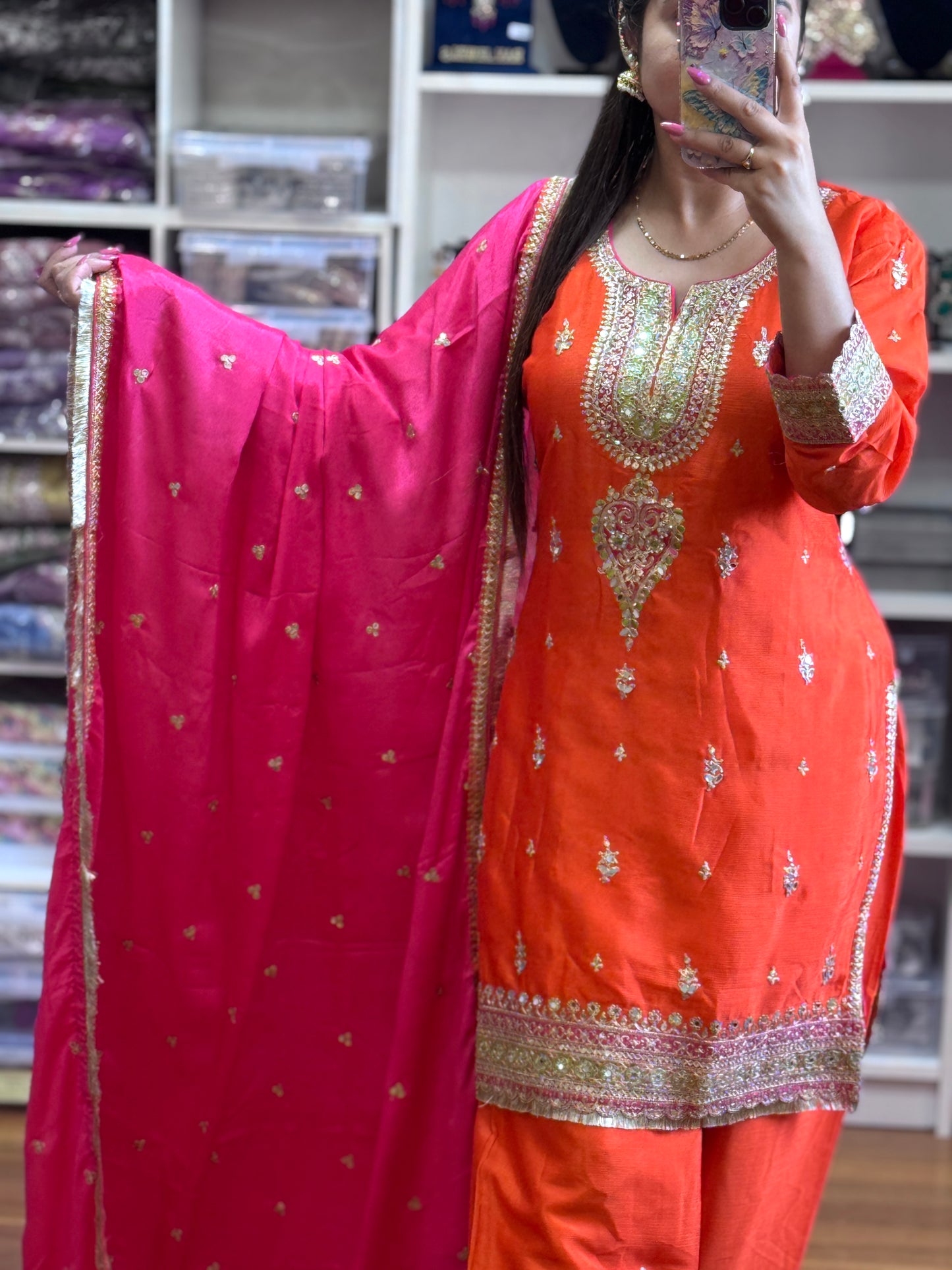 PREMIUM CHINON FARSHI SALWAR SUIT(Ready size 42 with margin upto 46)