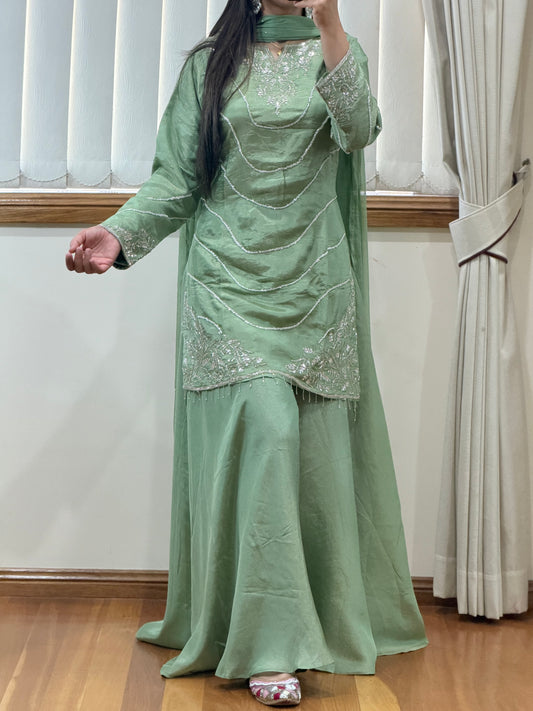 Pure Viscose Shimmer Suit with Heavy Handwork