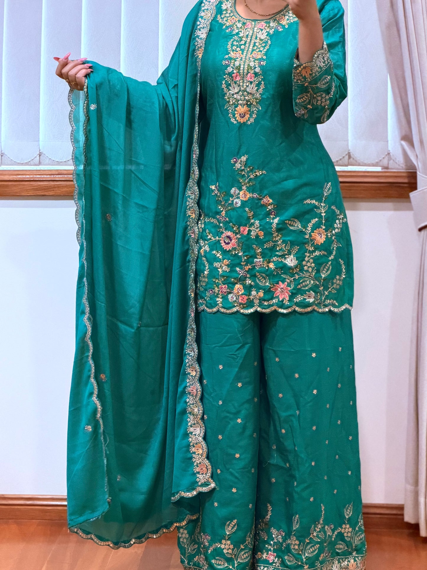 Premium Blooming Chinon Embroidered Plazo Suit Set