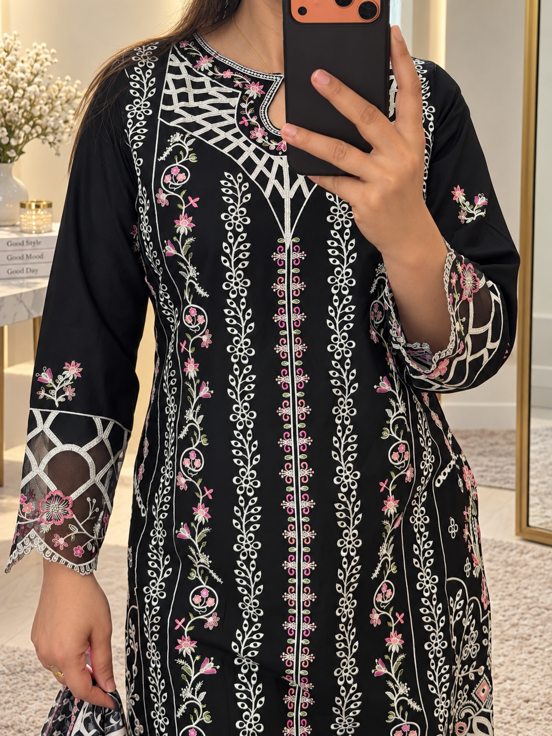 Black Embroidered 3-Piece Suit Set( Ready size 39 inches)