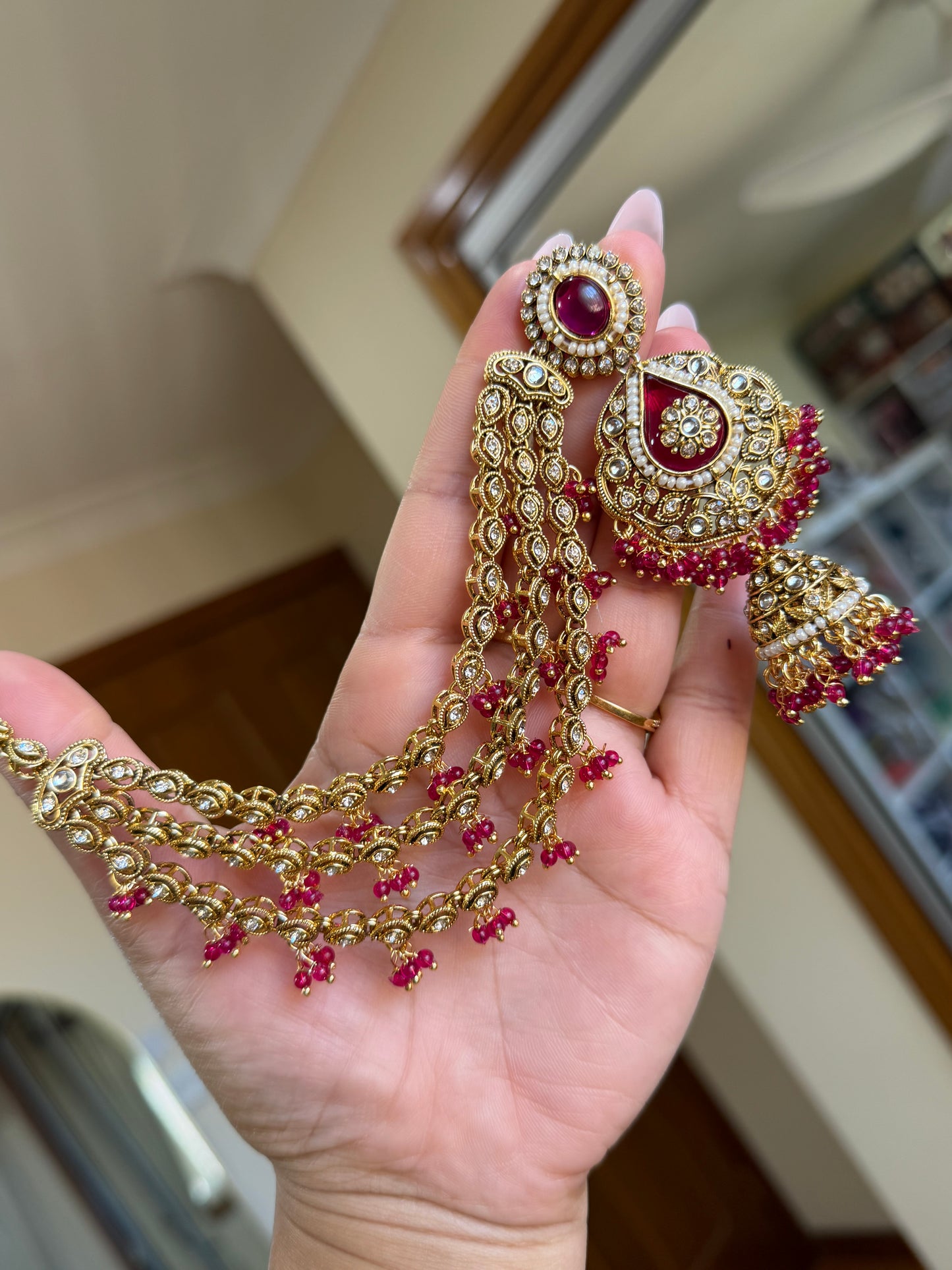 Kundan earrings with attached sehare(hot pink)