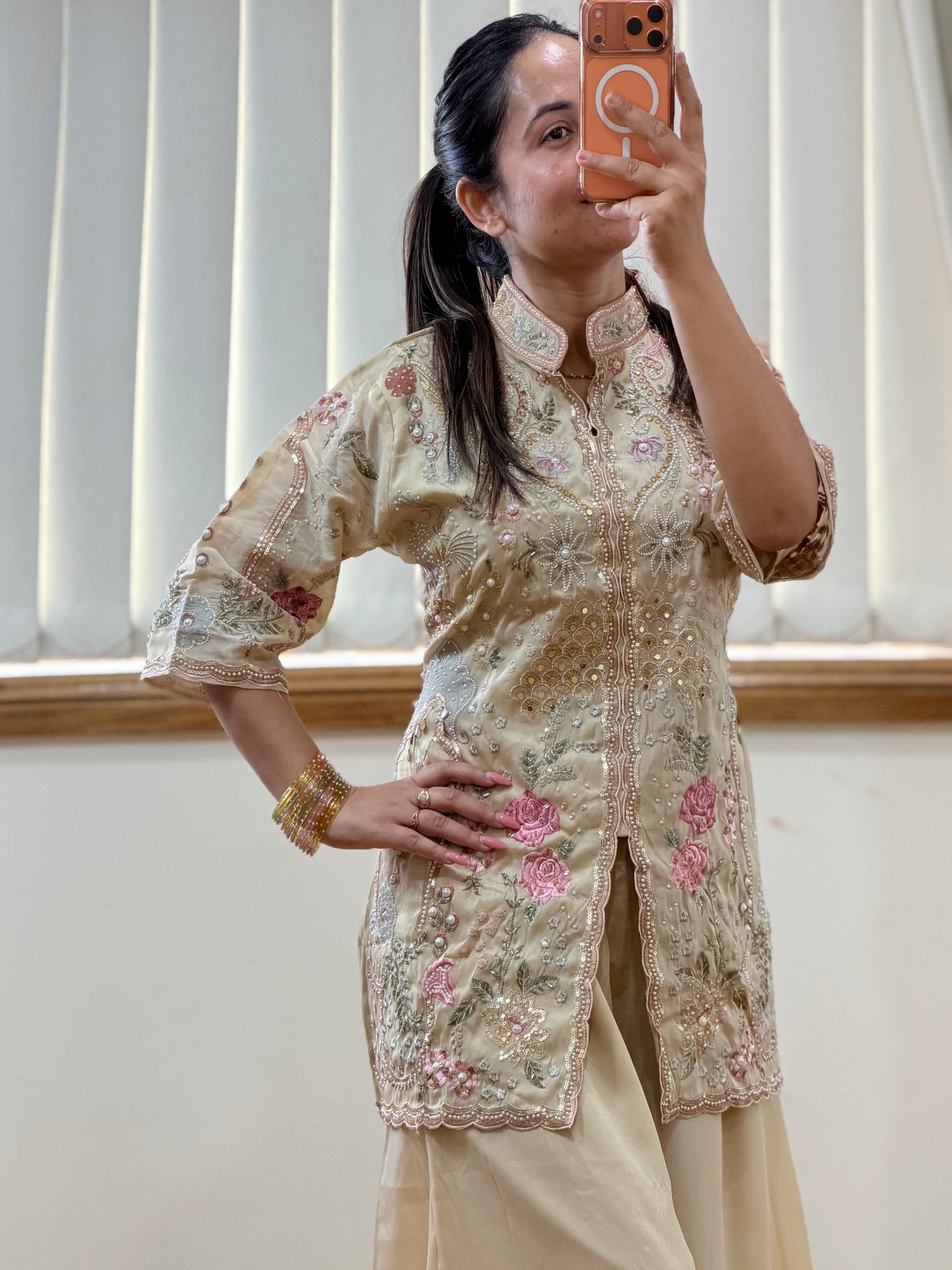 Premium Shimmar Silk Pakistani Style Palazzo Set ( Ready size 42 margin upto 44)