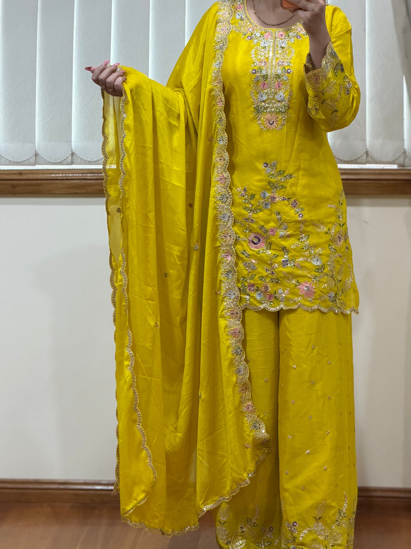 Premium Blooming Chinon Embroidered Plazo Suit Set