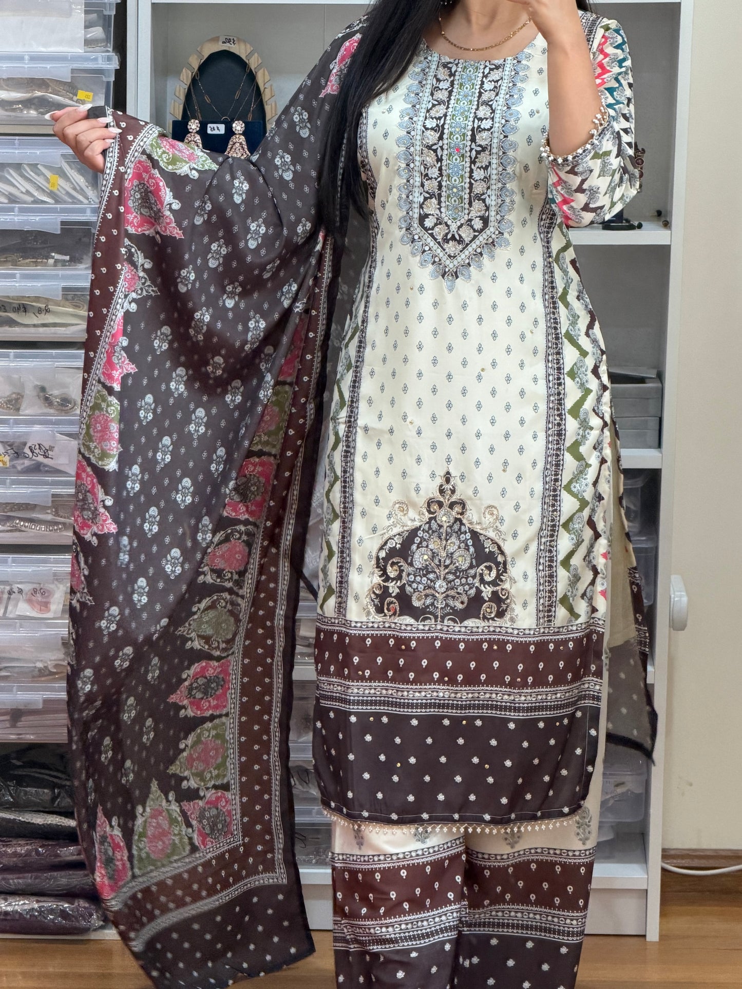 Cream / Off-White  Printed Crepe Silk Suit with Mirror & Tilla