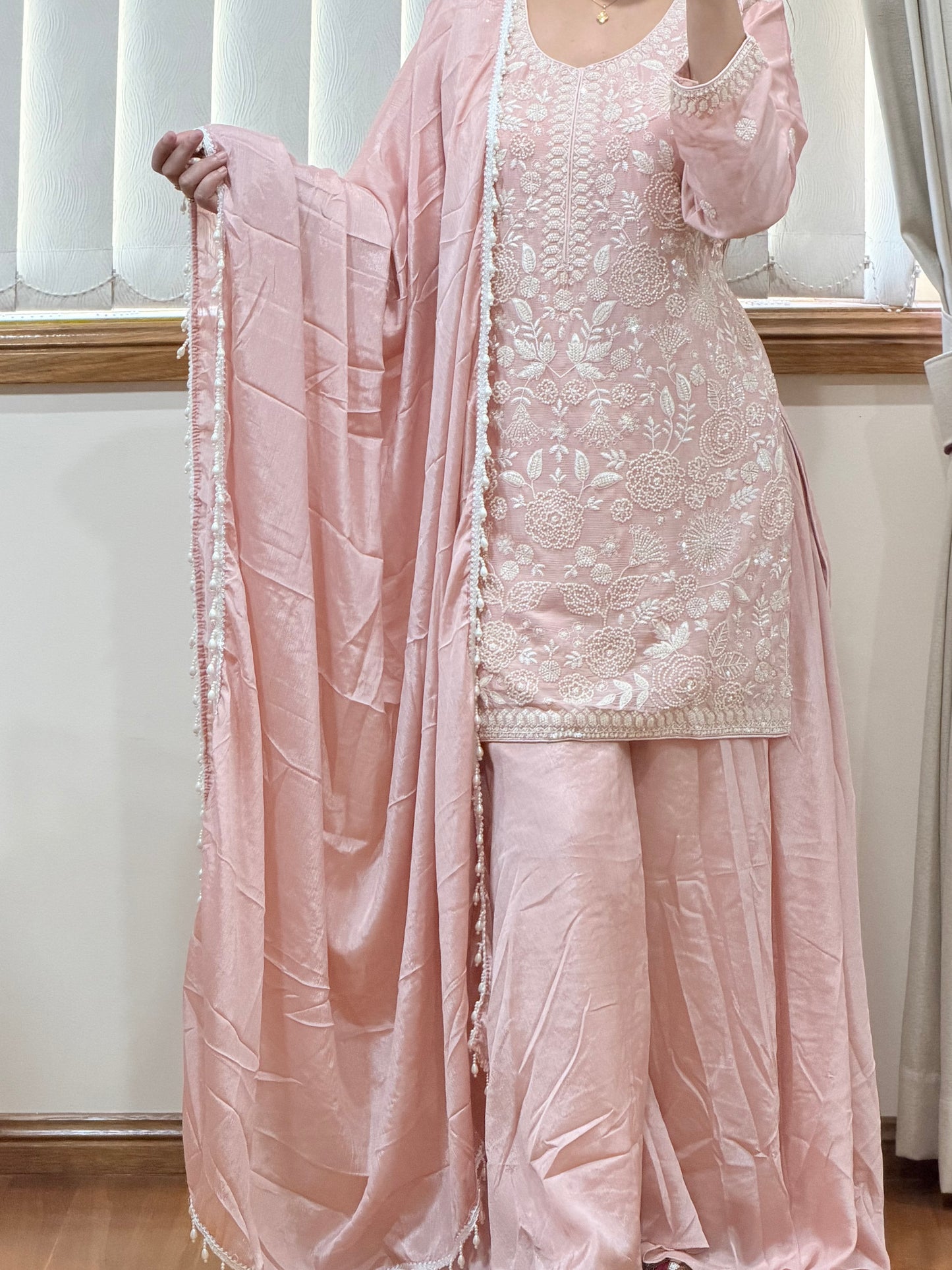 Premium Pure Chinon Heavy Beads Work Sharara Suit(Pastel Pink / Blush Pink)