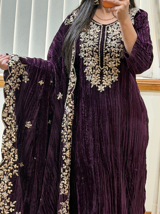 Wrinkled Velvet Suit(Plum shade)