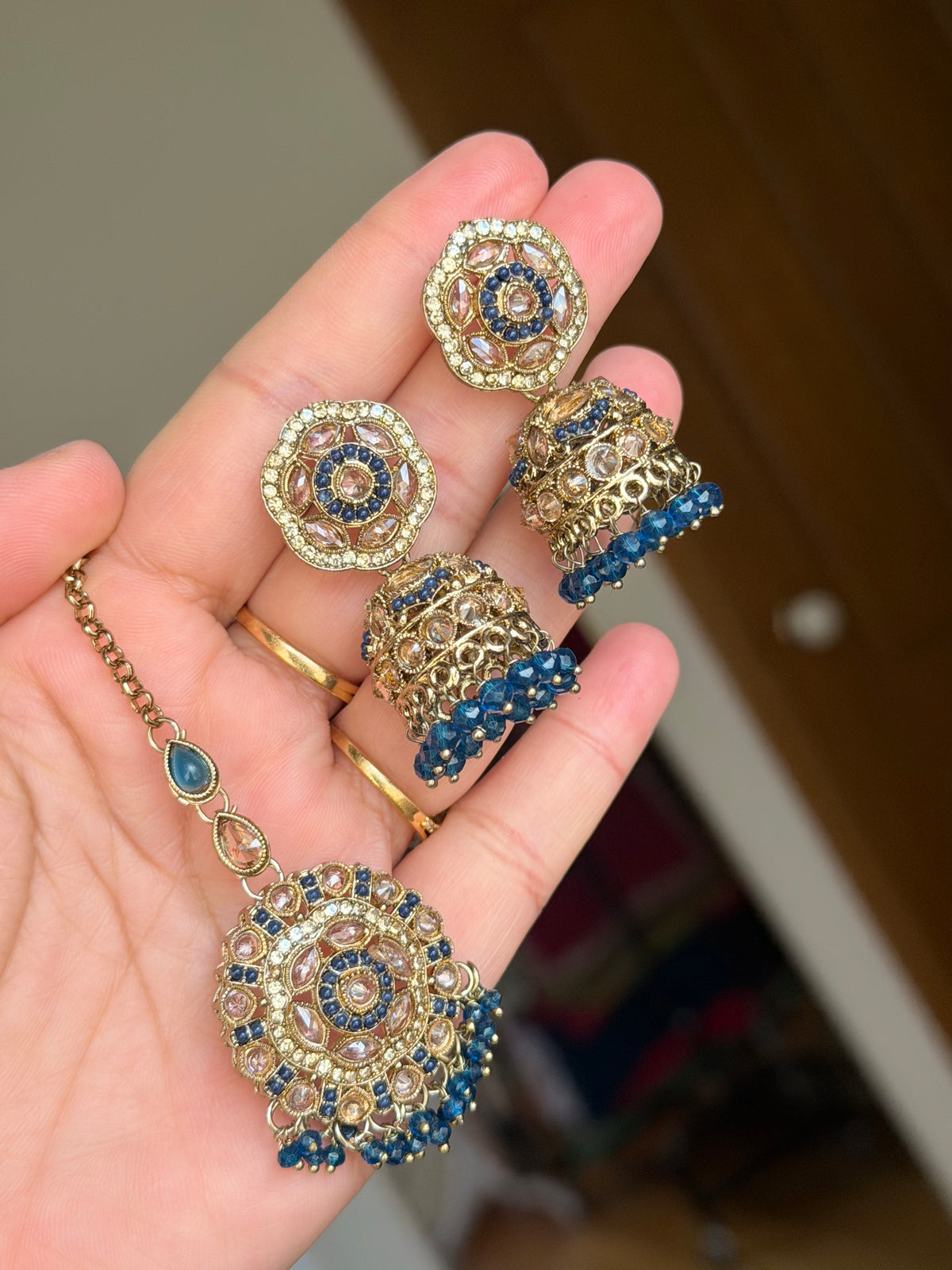 Polki jhumki tikka set ( Blue)