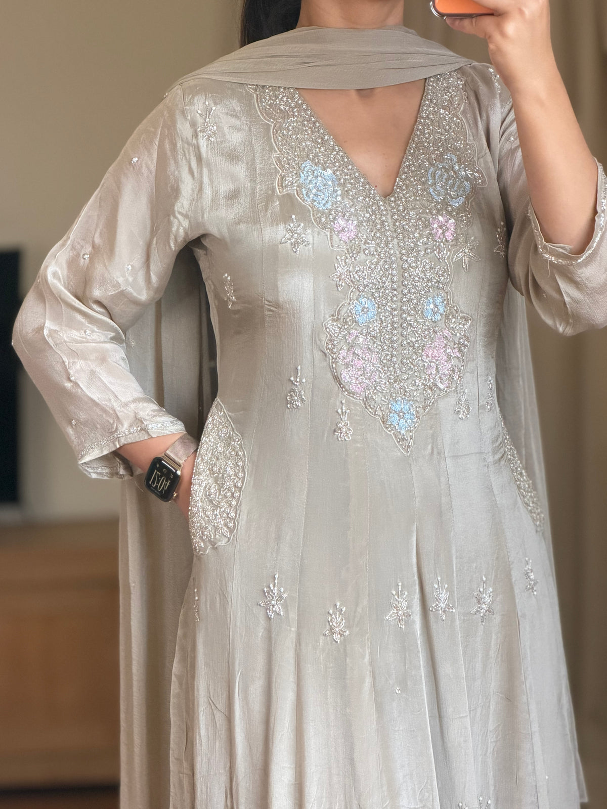 Premium Sage Grey Embroidered Frock Suit with Chiffon Dupatta