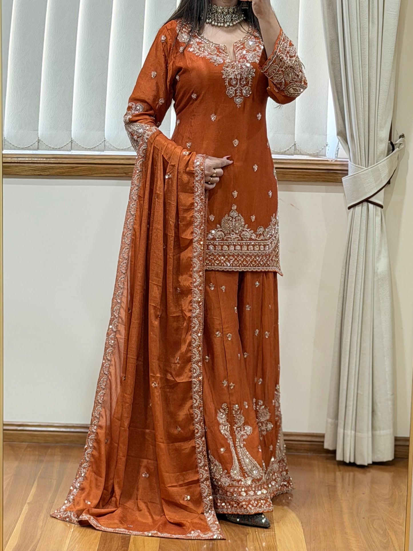 Premium Chinon Silk Sharara Set (Ready size 42 with margin upto 46)