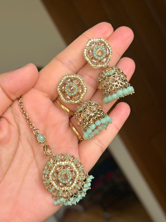 Polki jhumki tikka set ( Mint)