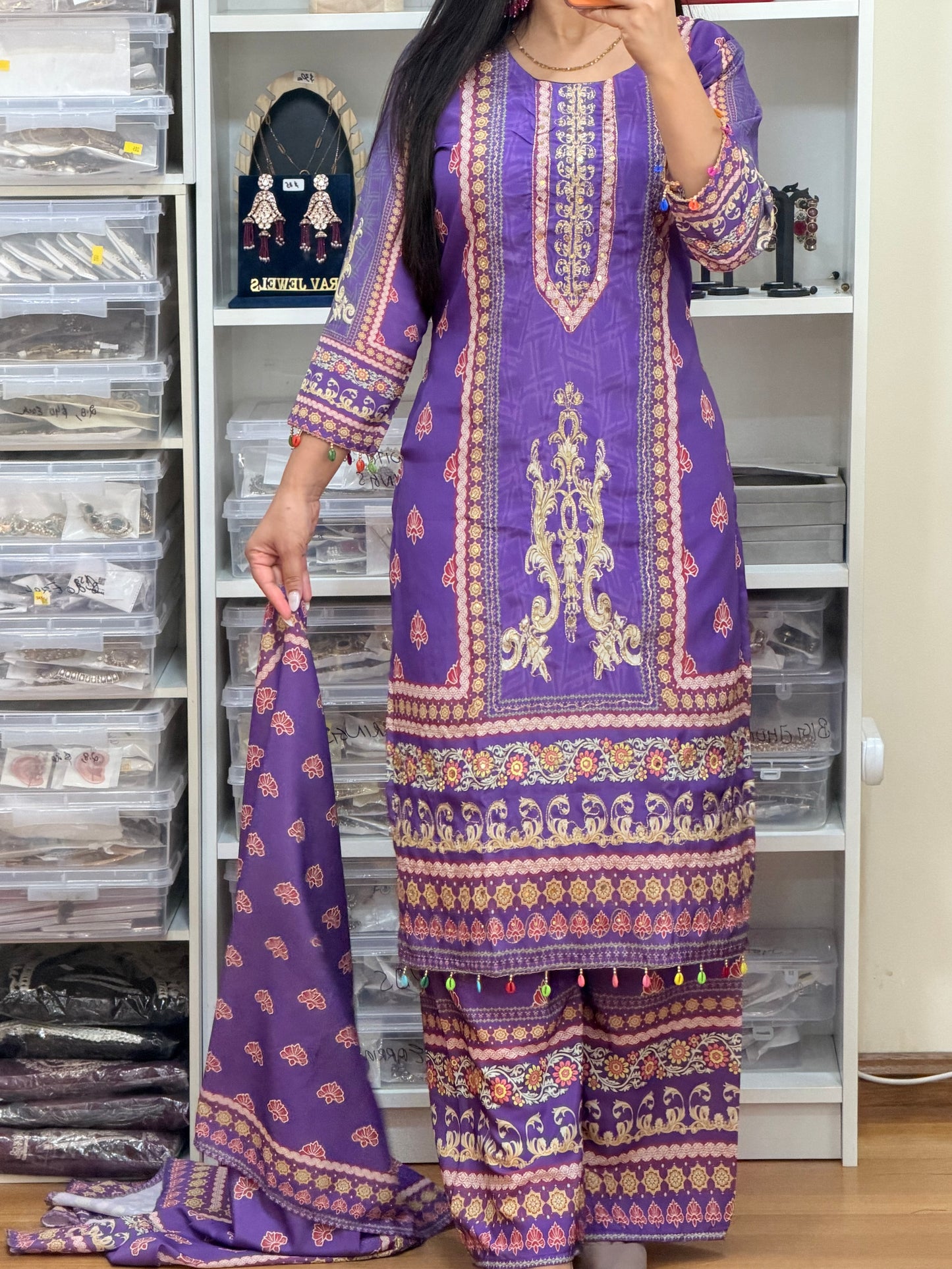 Lavender Digital Printed Crepe Silk Suit with Mirror & Tilla Work