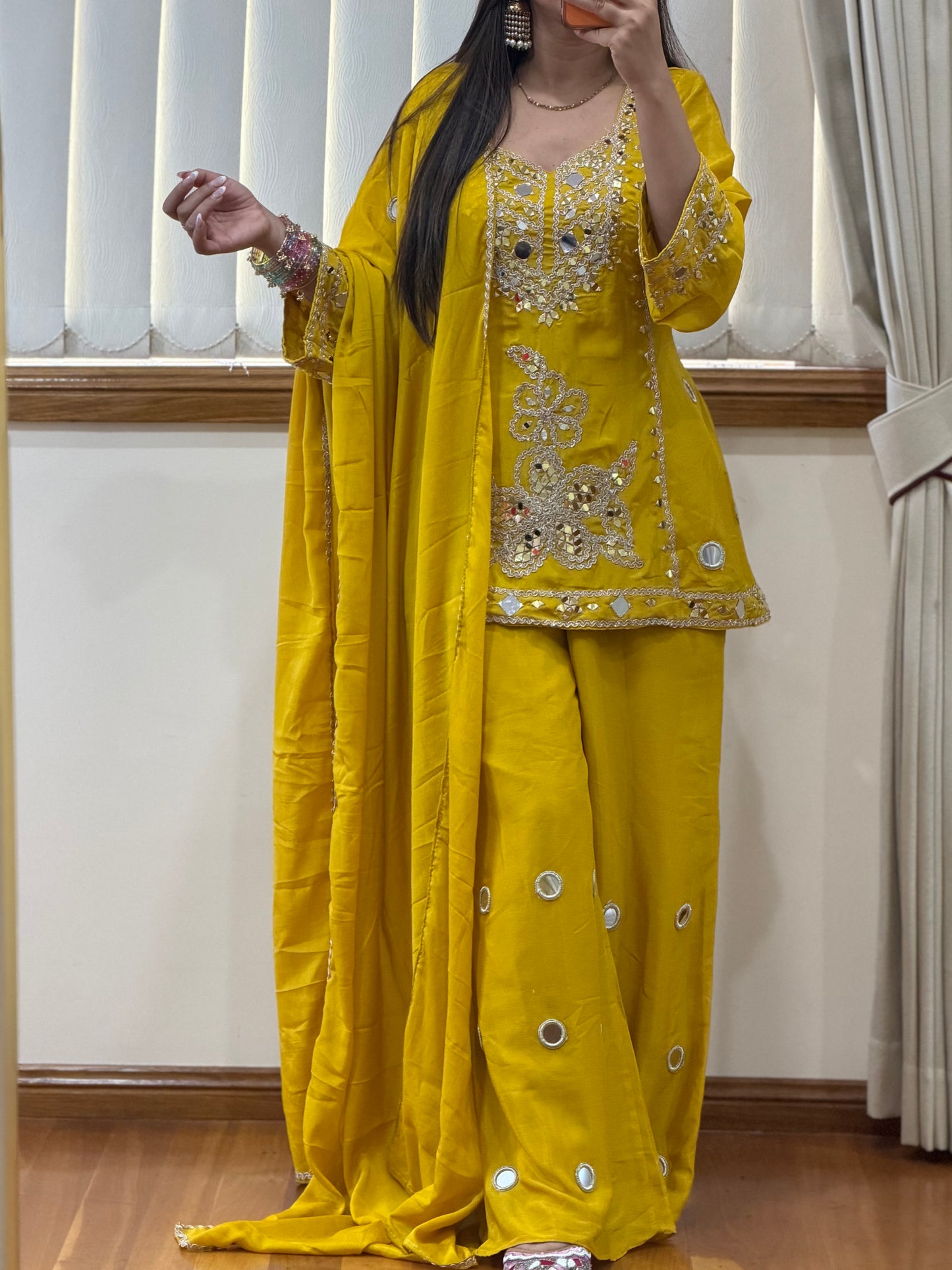 Premium Simar Silk Hand Mirror Work Gharara Set (Ready Size: 39 with margin upto 42)