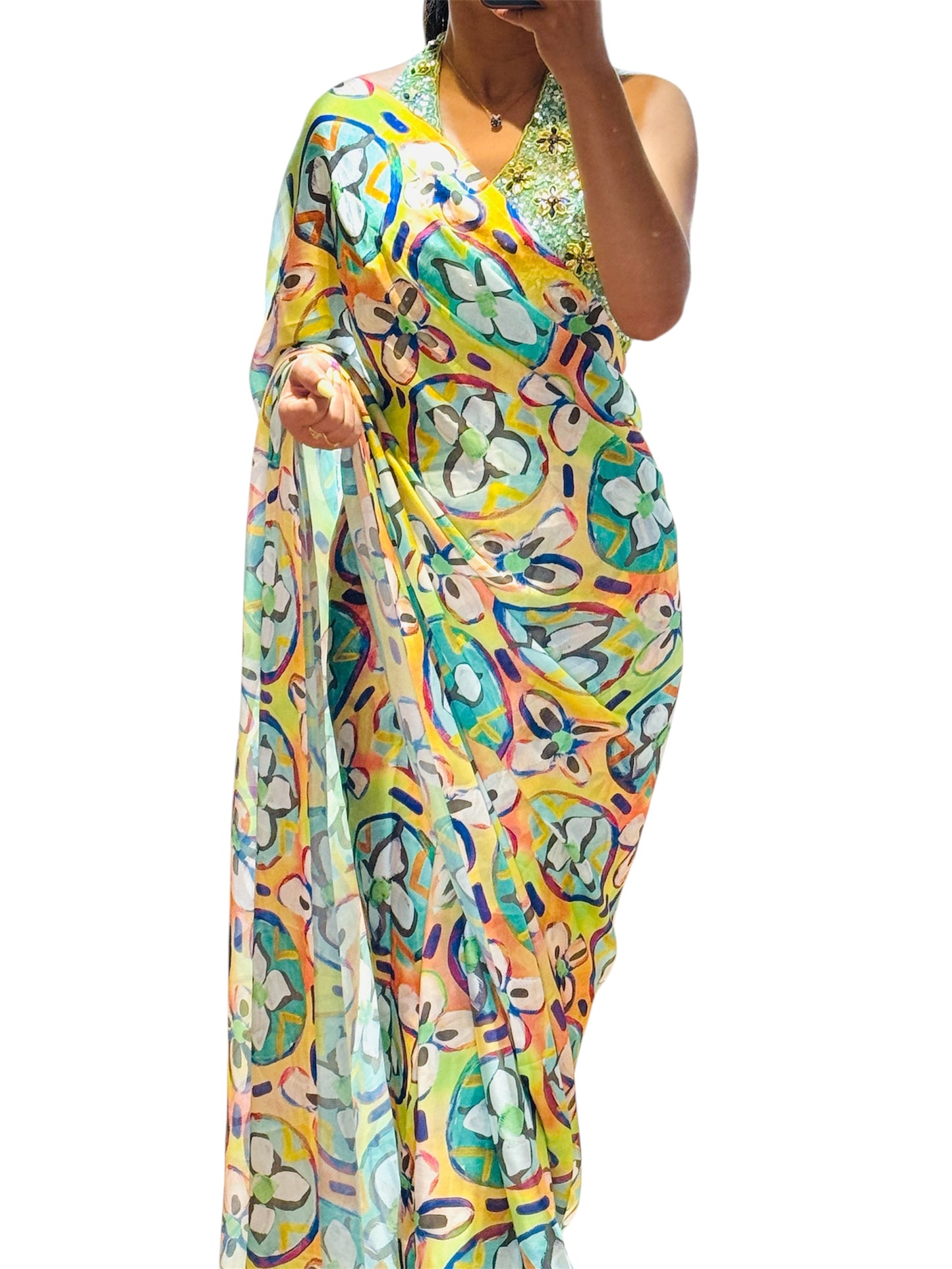 Printed satin saree (Fully stitched saree)