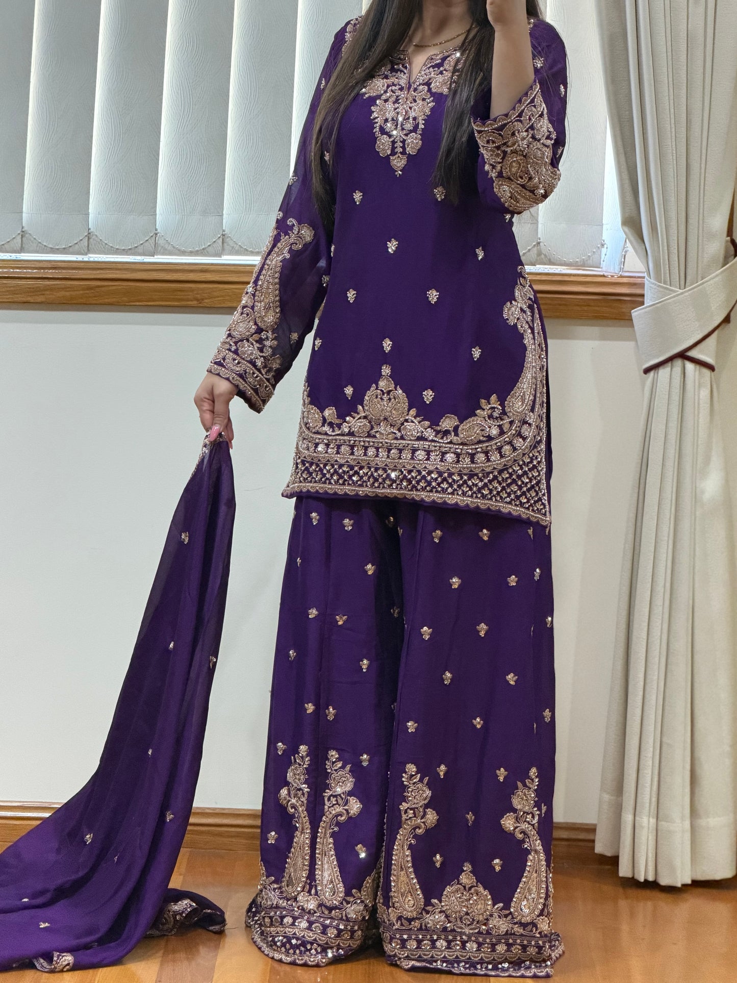 Premium Chinon Silk Sharara Set (Ready size 42 with margin upto 46)
