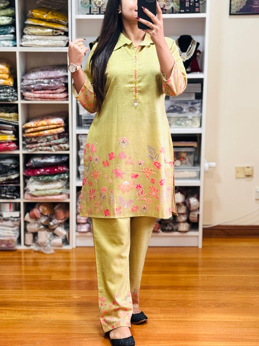 HEAVY COTTON WITH WORK TO FESTIVE COLAR WEAR STRAIGHT CUT CORD SET