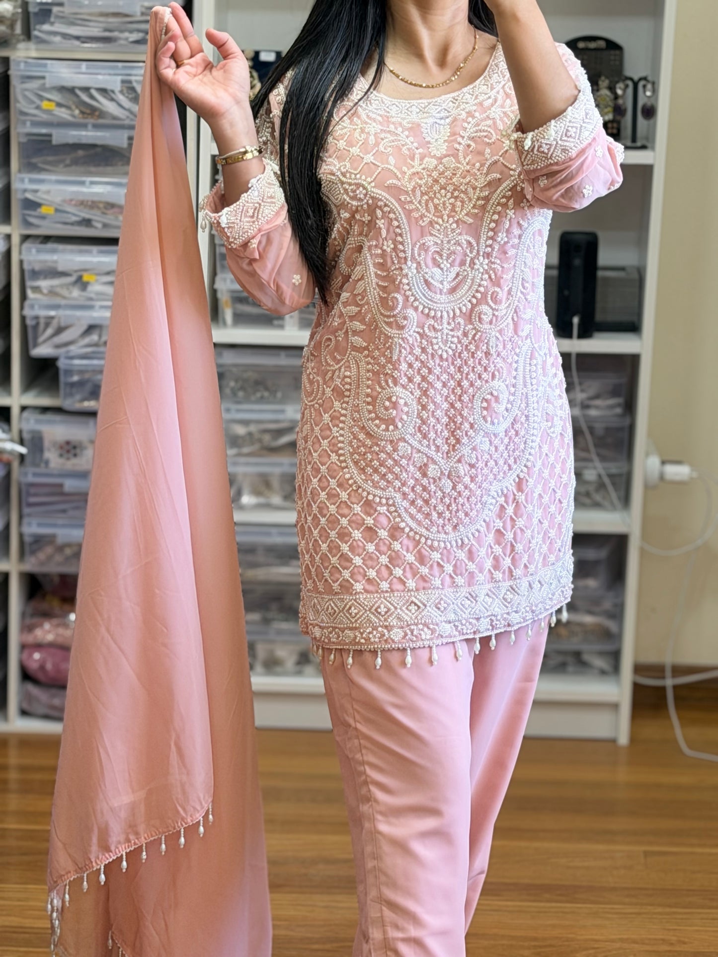 Premium Pearl Embellished Suit for Special Occasions(Ready size 43 with margin up to 46)