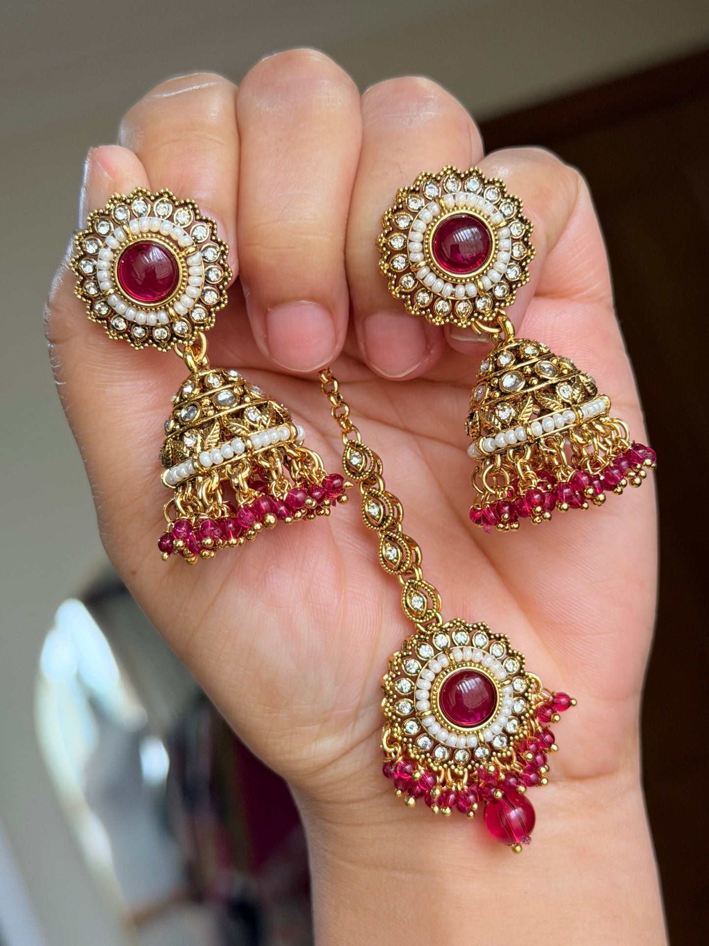 Kundan jhumki tikka set(Hot pink)