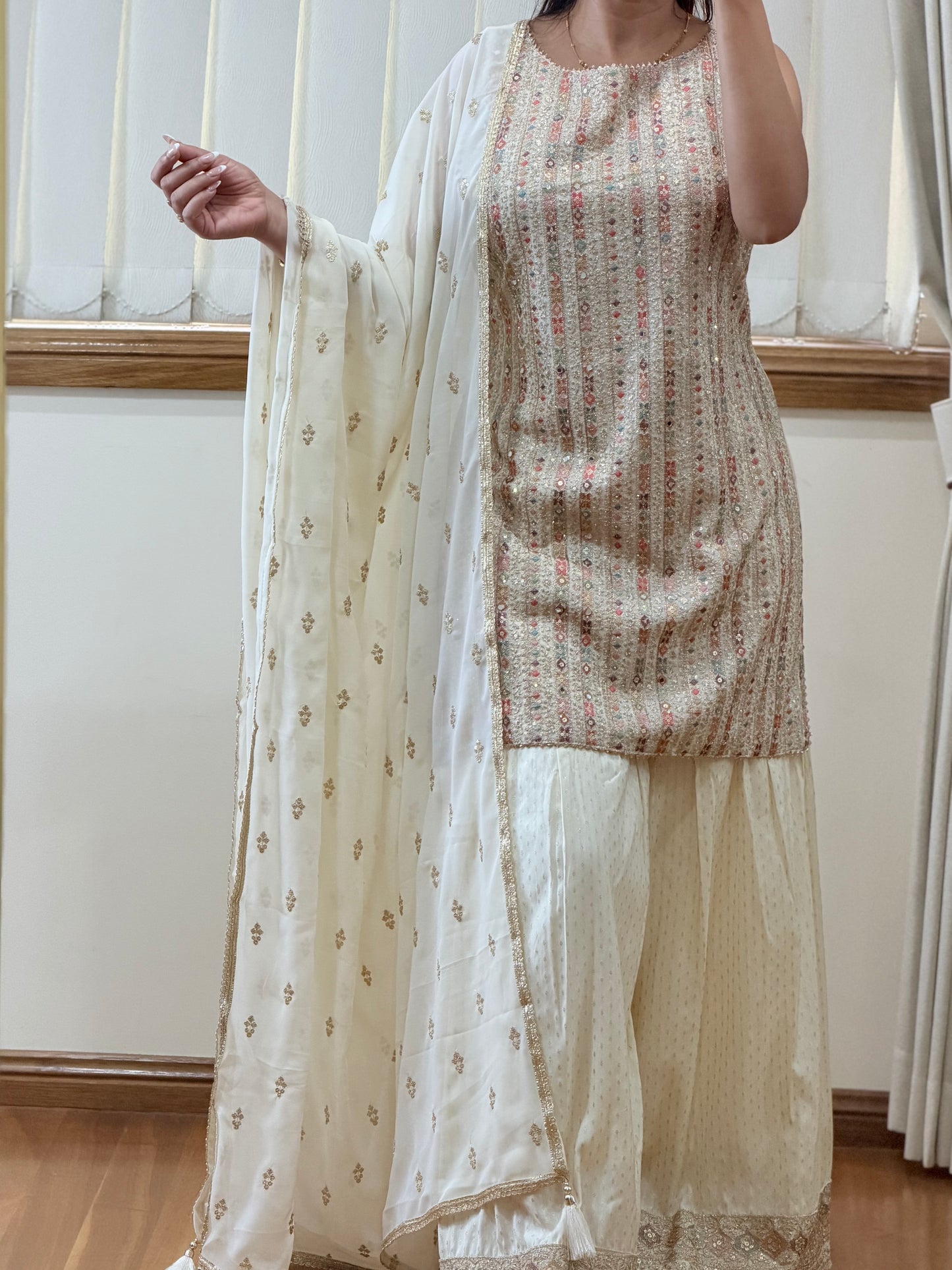 Premium Georgette Embroidered Charara Set with Swarovski Zarkan Work ( Ready size 40 with margin upto 44)