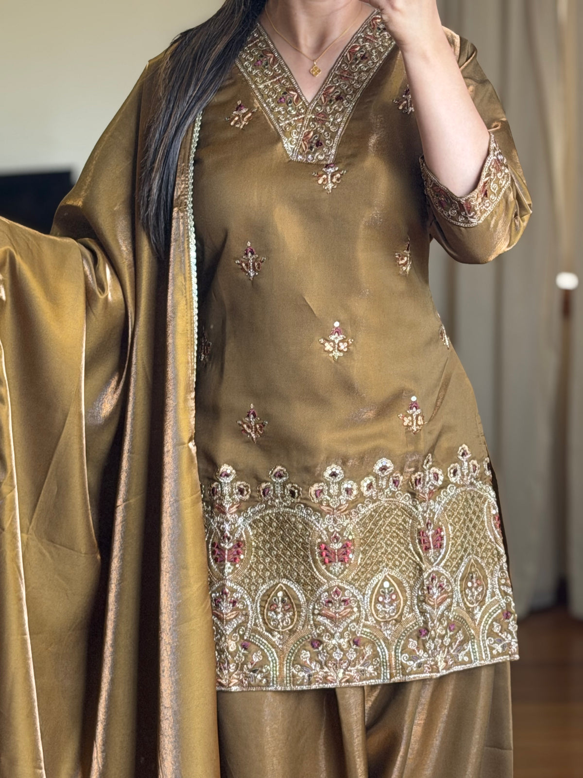 Premium Glass Roman Embroidered Farshi Salwar Suit