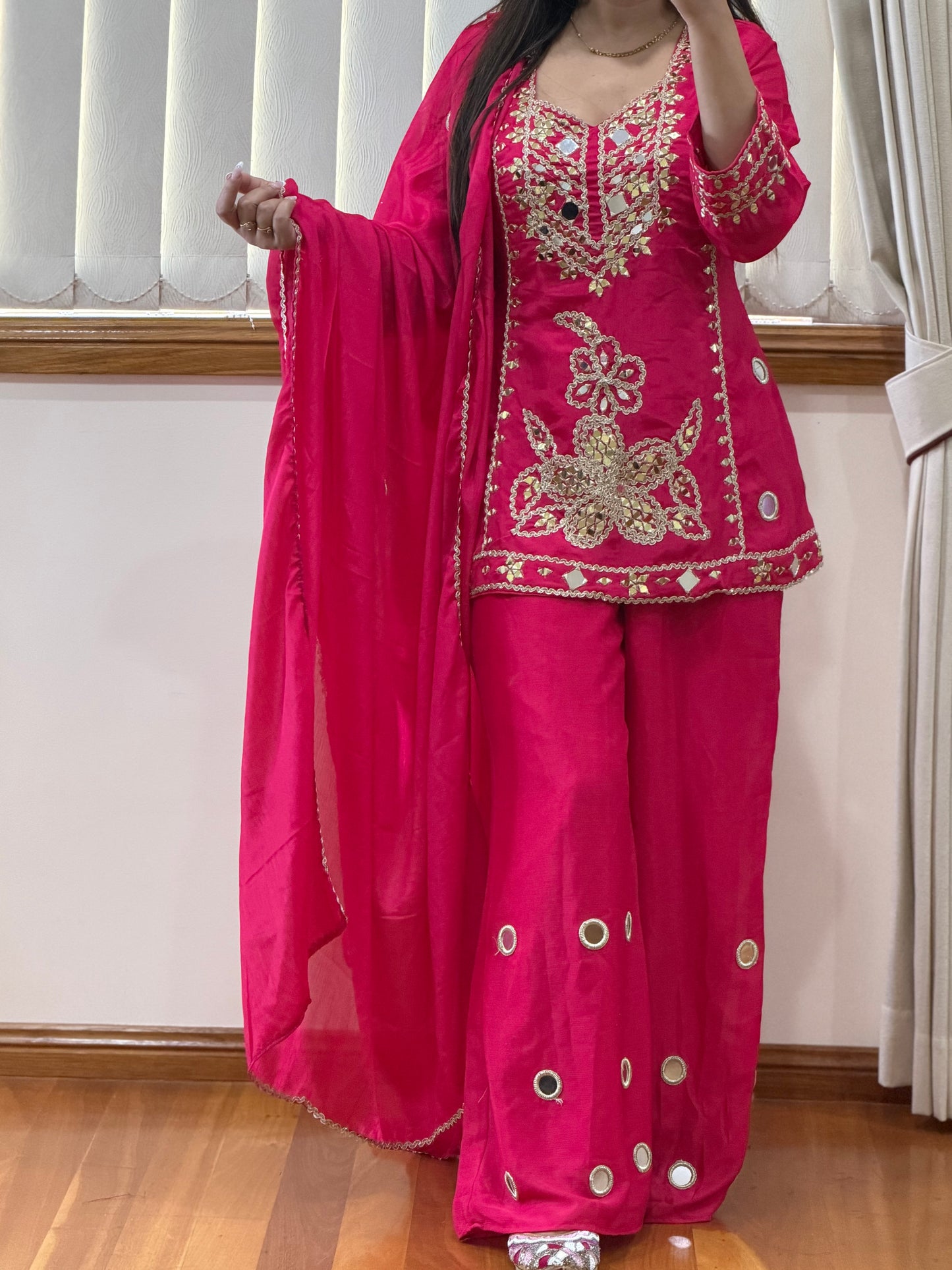 Premium Simar Silk Hand Mirror Work Gharara Set (Ready Size: 39 with margin upto 42)