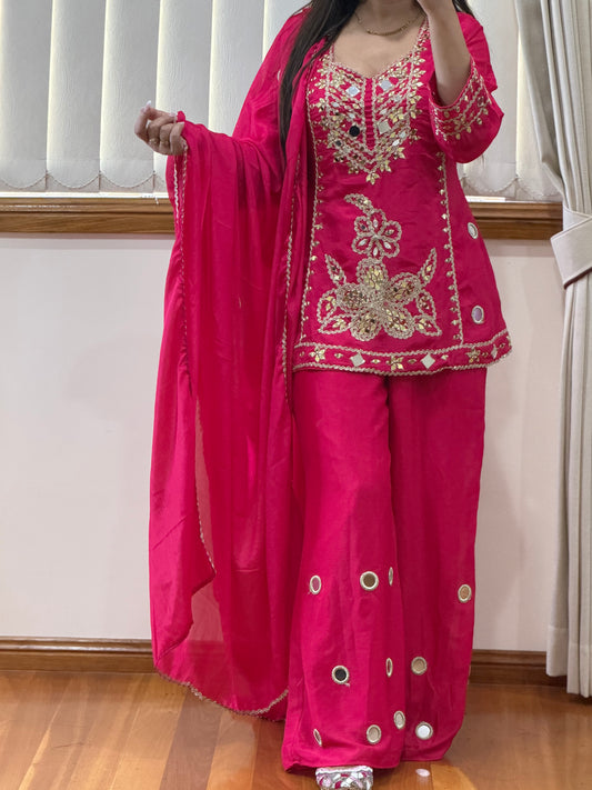 Premium Simar Silk Hand Mirror Work Gharara Set (Ready Size: 39 with margin upto 42)