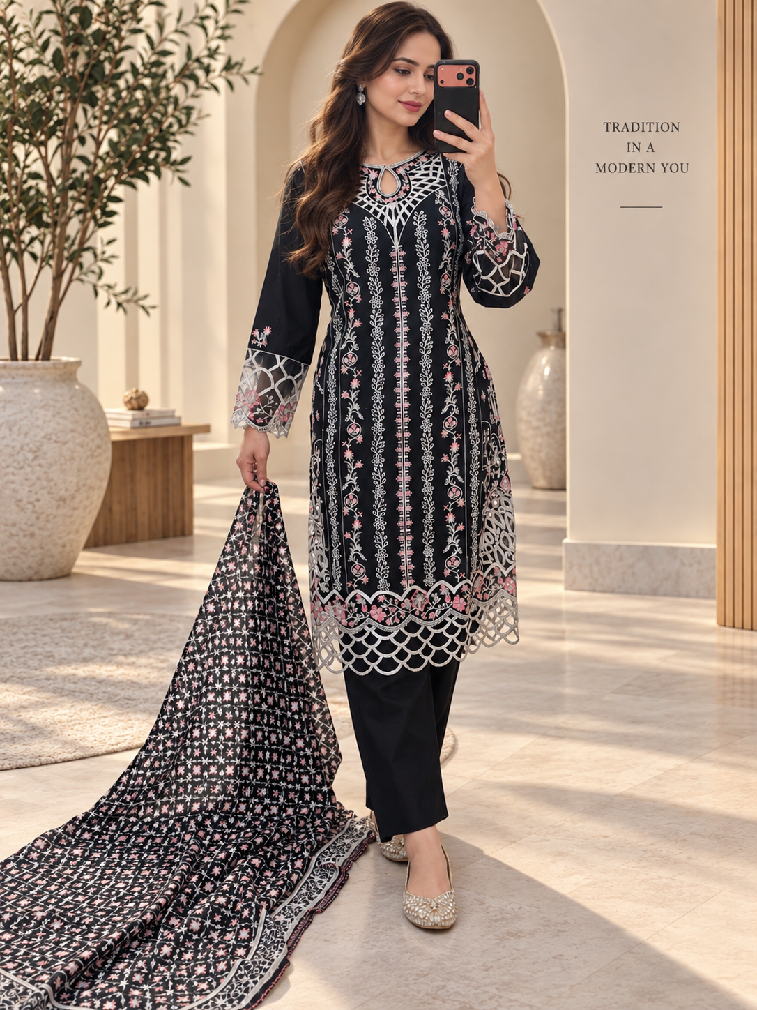 Black Embroidered 3-Piece Suit Set( Ready size 39 inches)